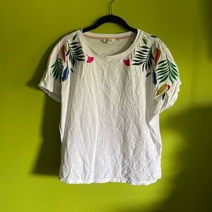 Boden White Tee Shirt With Colorful Floral Embroidery Size 14